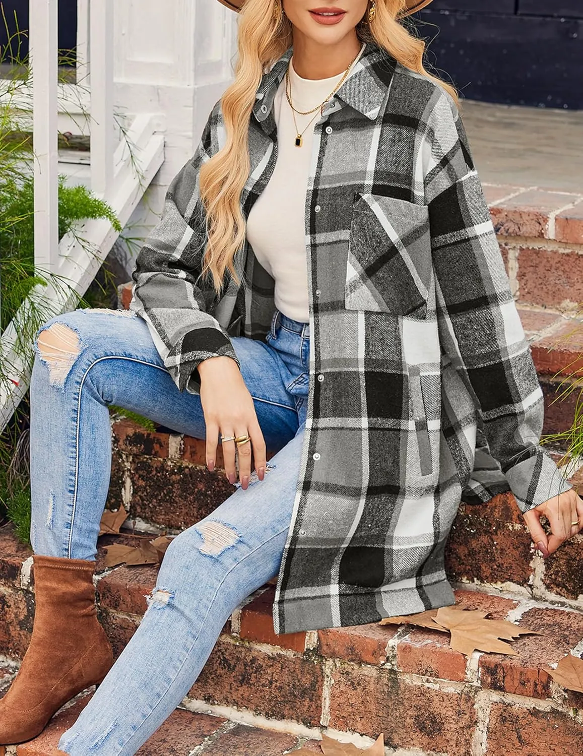 HOTOUCH Womens Flannel Jacket Long Plaid Shacket Casual Snap Button Tartan Trench Coat Long Sleeve Shirts with Pockets