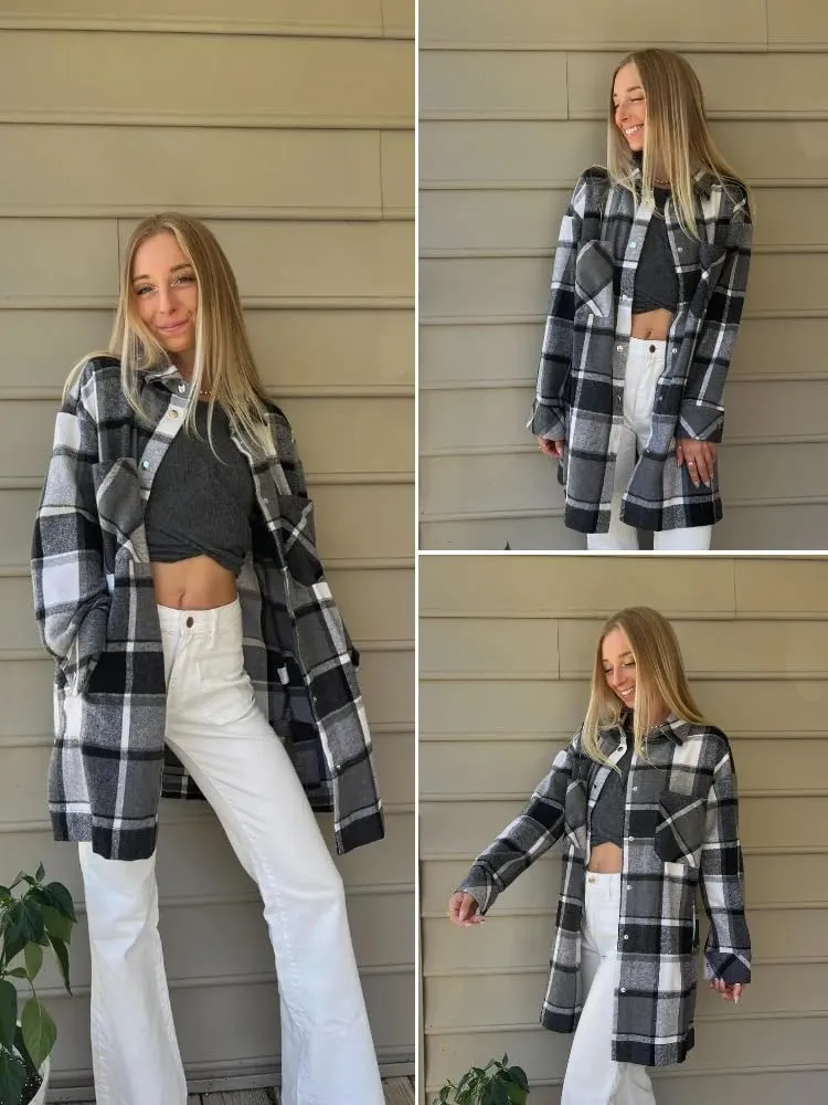 HOTOUCH Womens Flannel Jacket Long Plaid Shacket Casual Snap Button Tartan Trench Coat Long Sleeve Shirts with Pockets
