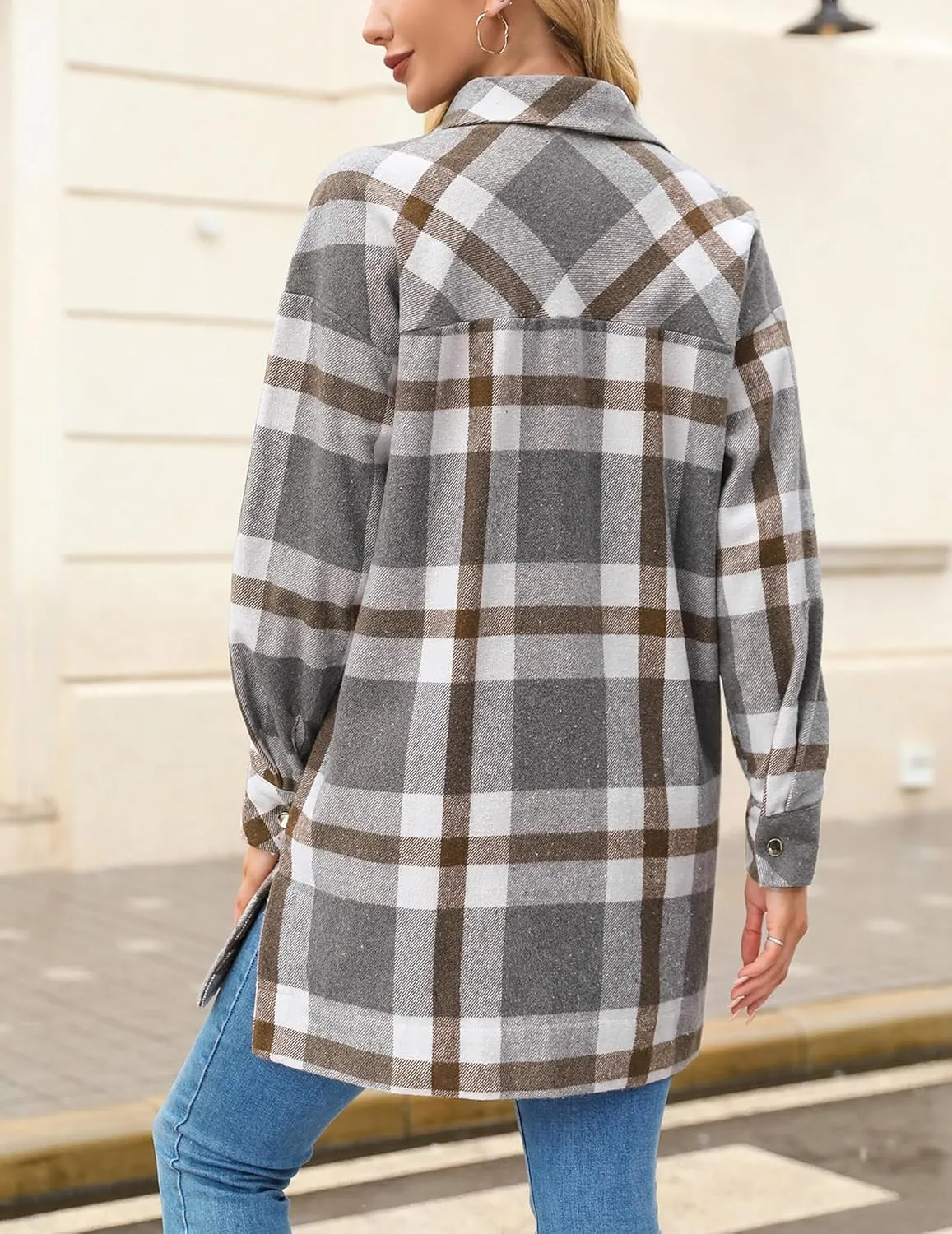 HOTOUCH Womens Flannel Jacket Long Plaid Shacket Casual Snap Button Tartan Trench Coat Long Sleeve Shirts with Pockets