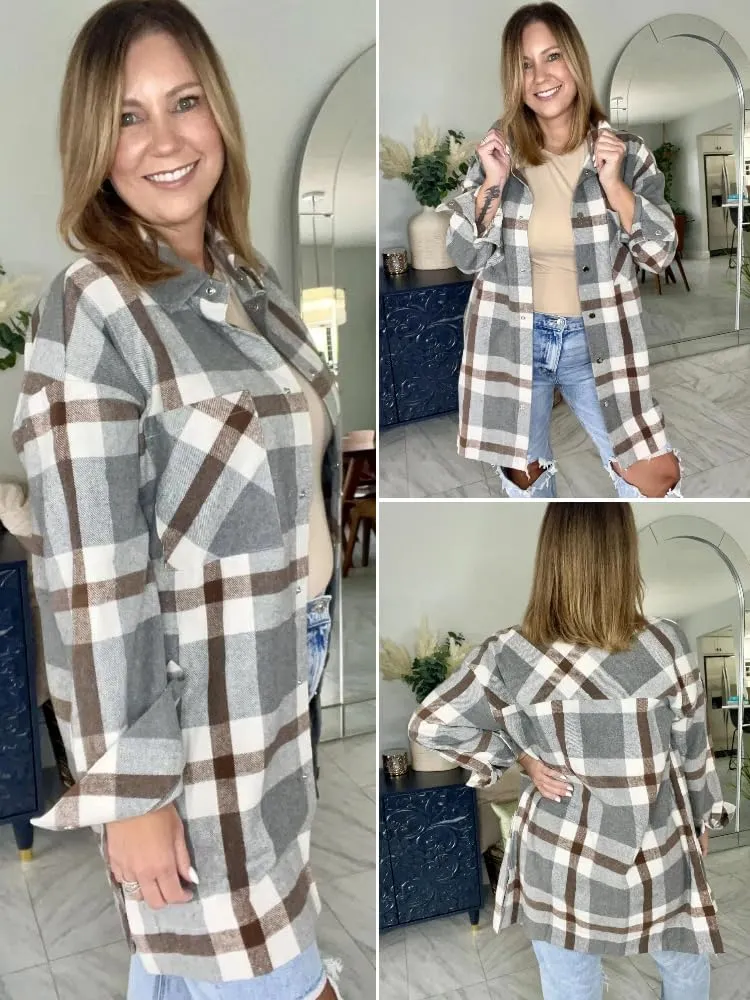 HOTOUCH Womens Flannel Jacket Long Plaid Shacket Casual Snap Button Tartan Trench Coat Long Sleeve Shirts with Pockets