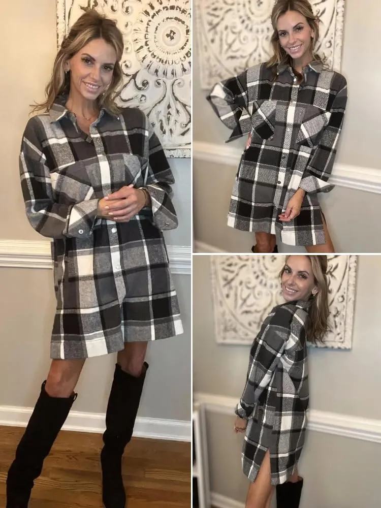HOTOUCH Womens Flannel Jacket Long Plaid Shacket Casual Snap Button Tartan Trench Coat Long Sleeve Shirts with Pockets