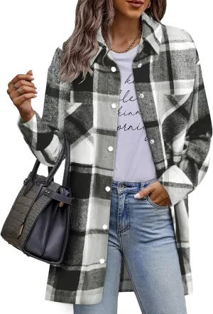 HOTOUCH Womens Flannel Jacket Long Plaid Shacket Casual Snap Button Tartan Trench Coat Long Sleeve Shirts with Pockets