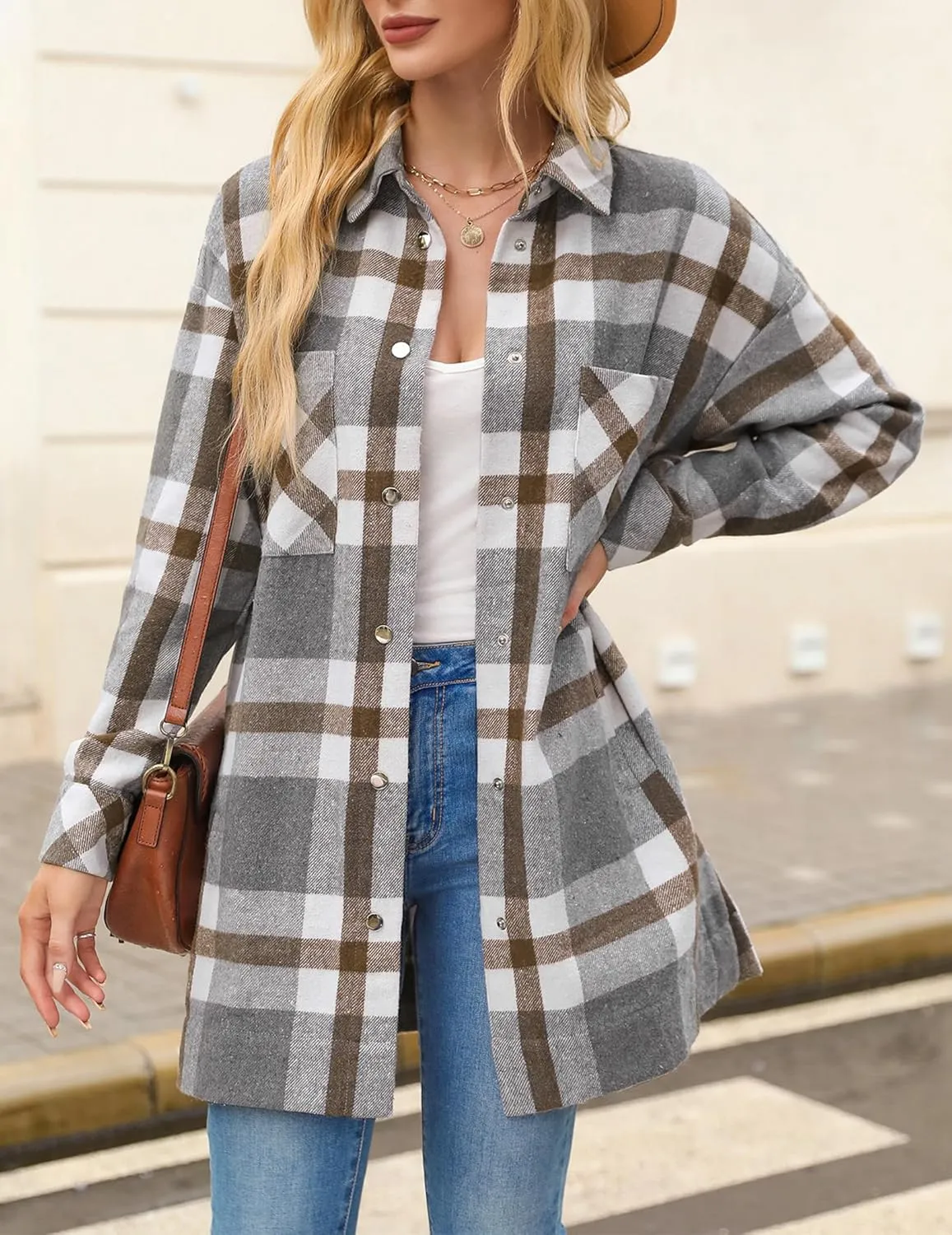 HOTOUCH Womens Flannel Jacket Long Plaid Shacket Casual Snap Button Tartan Trench Coat Long Sleeve Shirts with Pockets