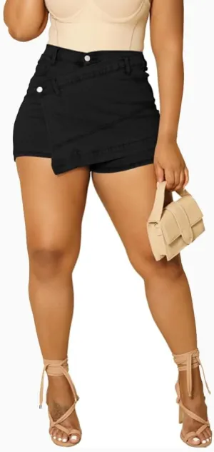 HTD Women's Denim Shorts Skorts Asymmetrical with Pockets