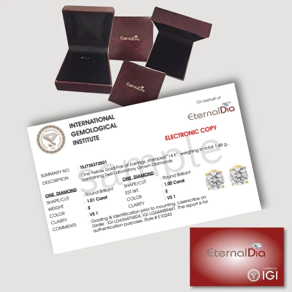 IGI Certified Lab Grown Diamond Solitaire Stud Earrings for Women in 14k Gold With Screw back post (Color-F, Clarity VS1-VS2 0.50Ct - 3Ct)