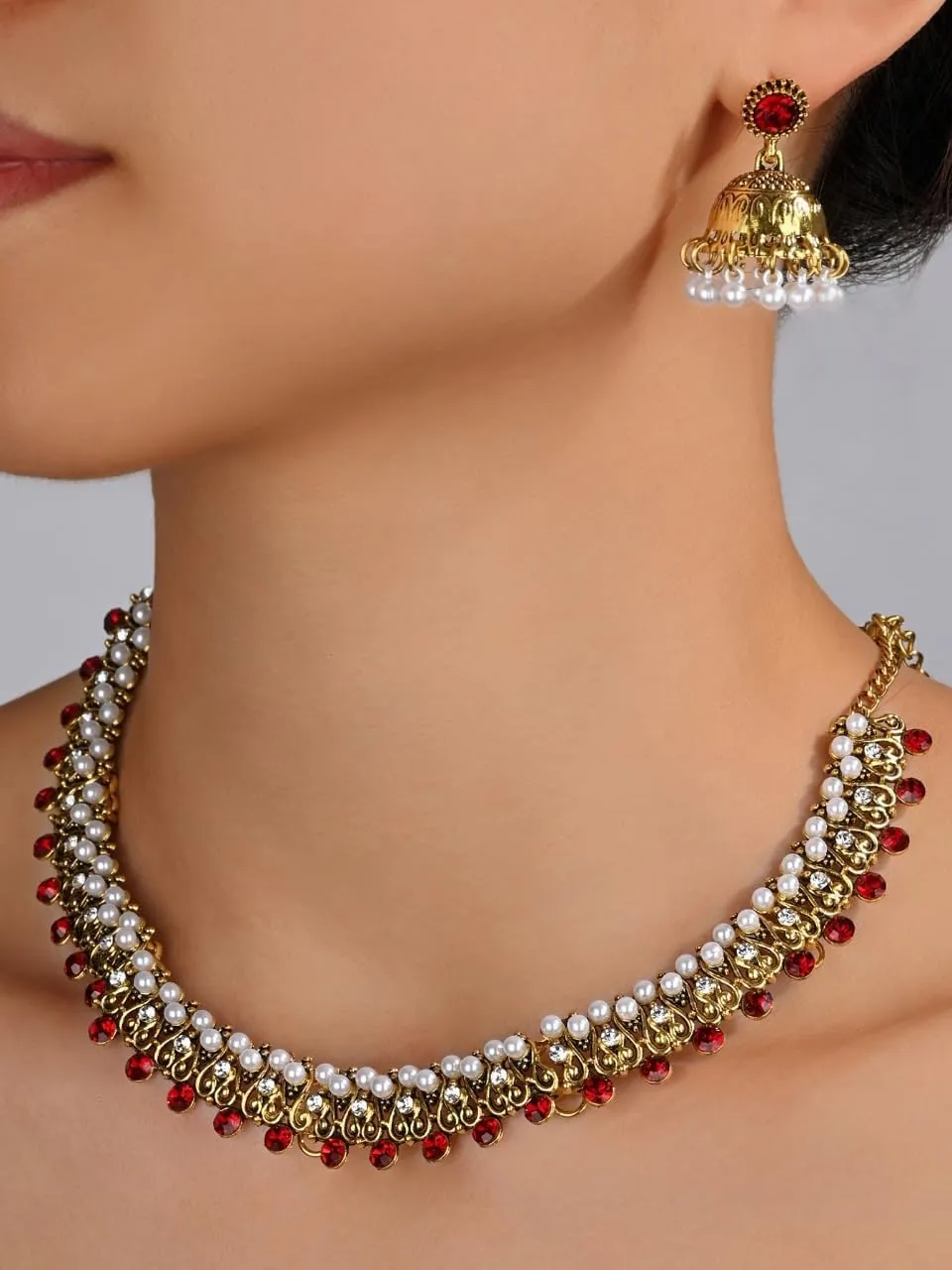 Indian Jewelry Sets for Women Jhumka Necklace Oxidized Choker Chain Earrings Silver Kundan Jewelry Sets