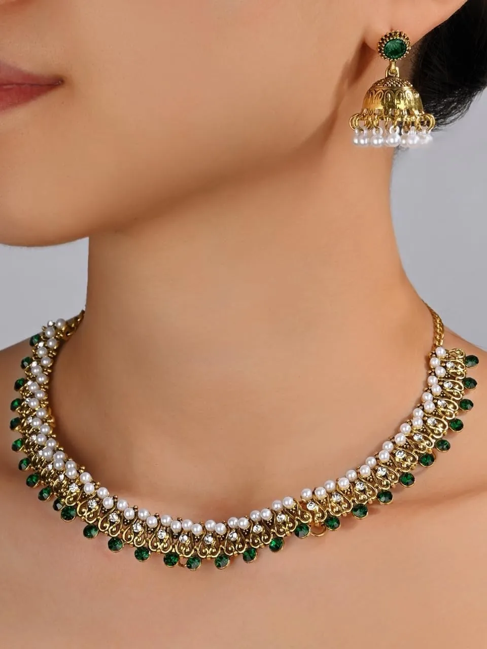 Indian Jewelry Sets for Women Jhumka Necklace Oxidized Choker Chain Earrings Silver Kundan Jewelry Sets