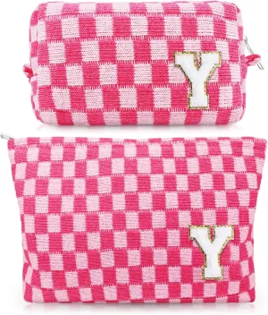Initial Makeup Bags, Monogrammed Gifts for Women, Checkered Cosmetic Bag Travel Toiletry Bag Makeup Pouches Large Capacity Storage Bags - Personalized Bridesmaid, Birthday Gifts for Her Mom Friend