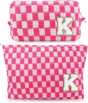 Initial Makeup Bags, Monogrammed Gifts for Women, Checkered Cosmetic Bag Travel Toiletry Bag Makeup Pouches Large Capacity Storage Bags - Personalized Bridesmaid, Birthday Gifts for Her Mom Friend