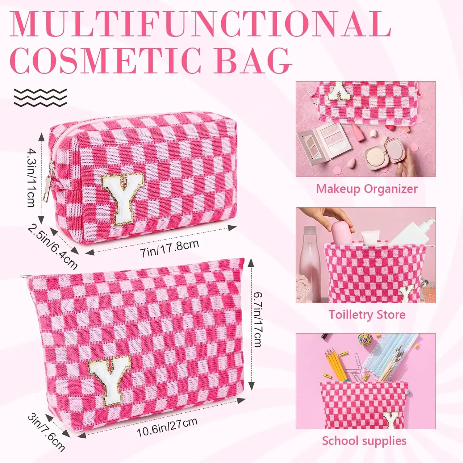 Initial Makeup Bags, Monogrammed Gifts for Women, Checkered Cosmetic Bag Travel Toiletry Bag Makeup Pouches Large Capacity Storage Bags - Personalized Bridesmaid, Birthday Gifts for Her Mom Friend