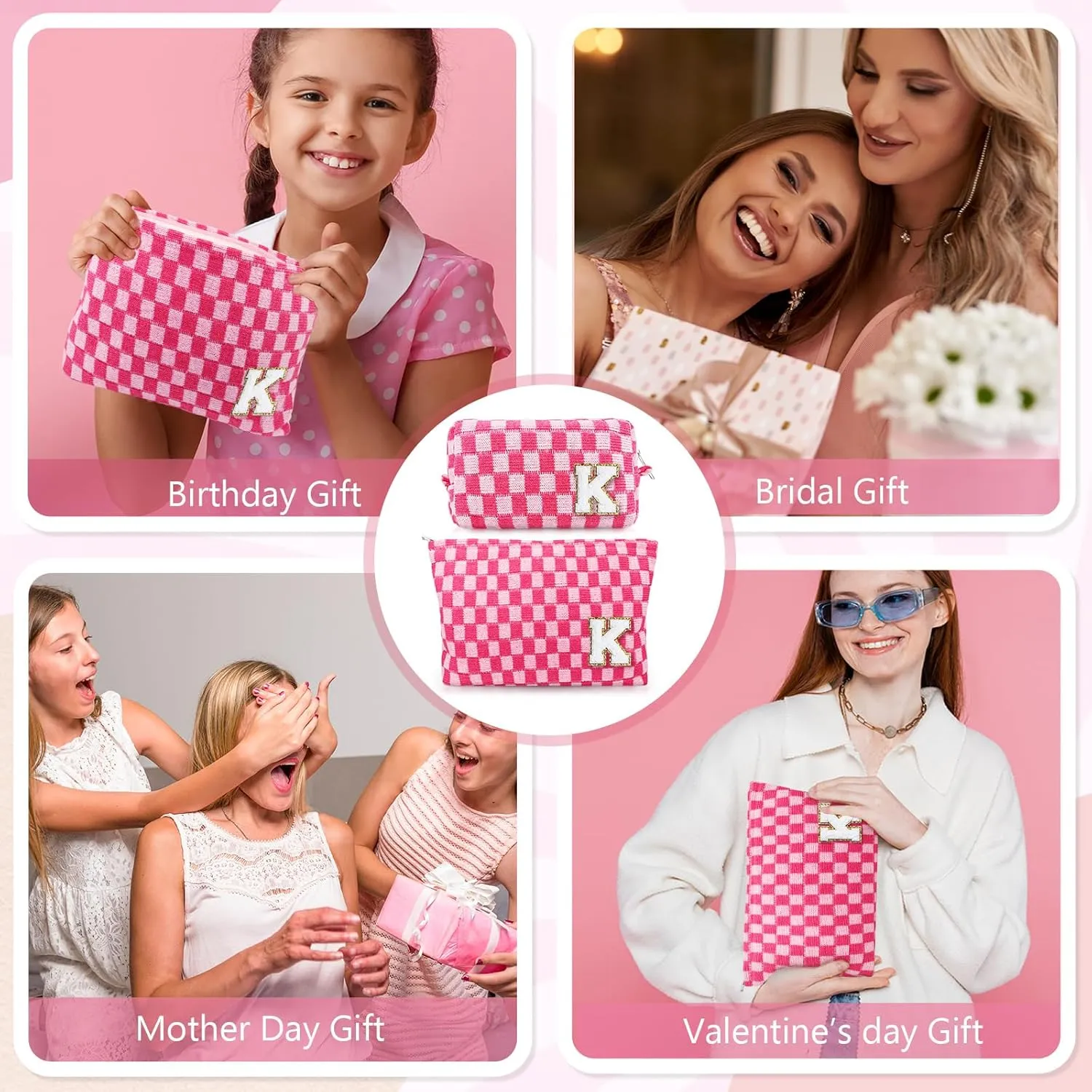 Initial Makeup Bags, Monogrammed Gifts for Women, Checkered Cosmetic Bag Travel Toiletry Bag Makeup Pouches Large Capacity Storage Bags - Personalized Bridesmaid, Birthday Gifts for Her Mom Friend