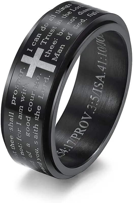 Inspirational Bible Verses Rotatable Cross Faith Crucifix Chunky Band Ring for Men Women Stainless Steel Anti Anxiety Stress Relief Spinner Fidget Rings Statement Ring Dad Boyfriend Son Prayers Christmas New Year Party Gifts