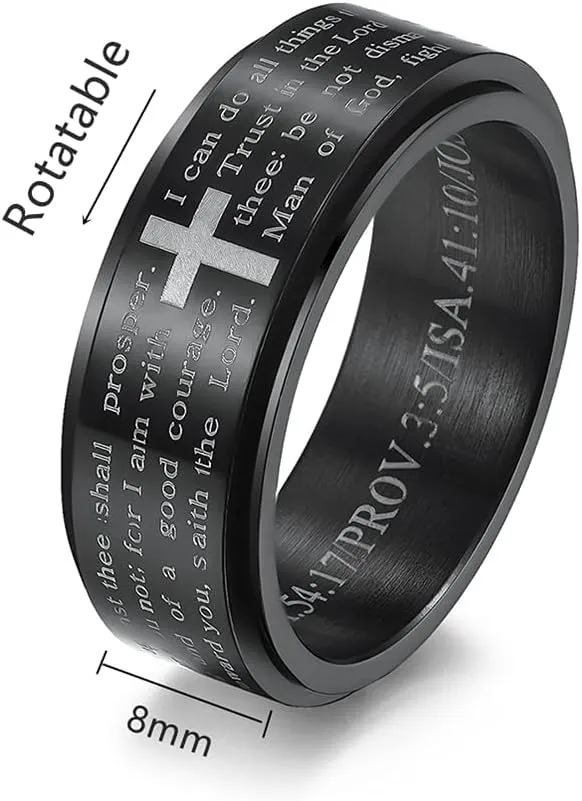 Inspirational Bible Verses Rotatable Cross Faith Crucifix Chunky Band Ring for Men Women Stainless Steel Anti Anxiety Stress Relief Spinner Fidget Rings Statement Ring Dad Boyfriend Son Prayers Christmas New Year Party Gifts
