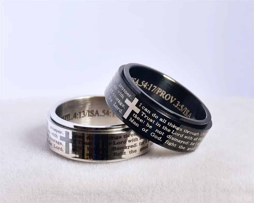 Inspirational Bible Verses Rotatable Cross Faith Crucifix Chunky Band Ring for Men Women Stainless Steel Anti Anxiety Stress Relief Spinner Fidget Rings Statement Ring Dad Boyfriend Son Prayers Christmas New Year Party Gifts
