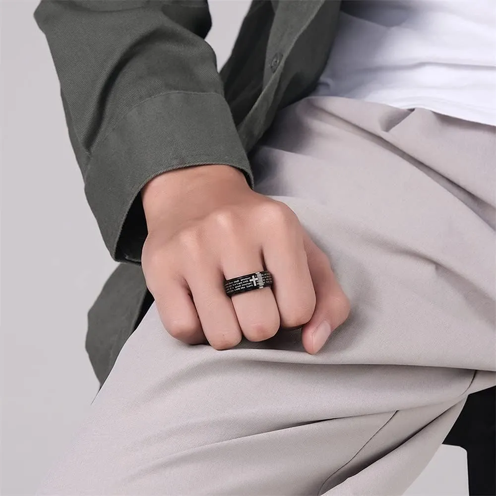 Inspirational Bible Verses Rotatable Cross Faith Crucifix Chunky Band Ring for Men Women Stainless Steel Anti Anxiety Stress Relief Spinner Fidget Rings Statement Ring Dad Boyfriend Son Prayers Christmas New Year Party Gifts