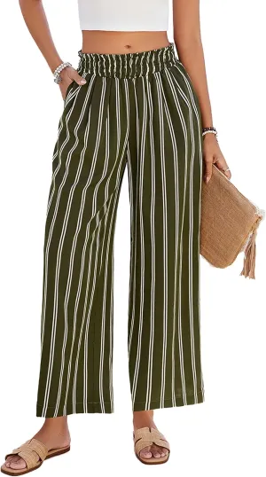 JASAMBAC Women's Capri Linen Wide Leg Pants Summer Boho Wide Leg Pants Smocked High-Rise Waist Casual Beach Pants with Pocket