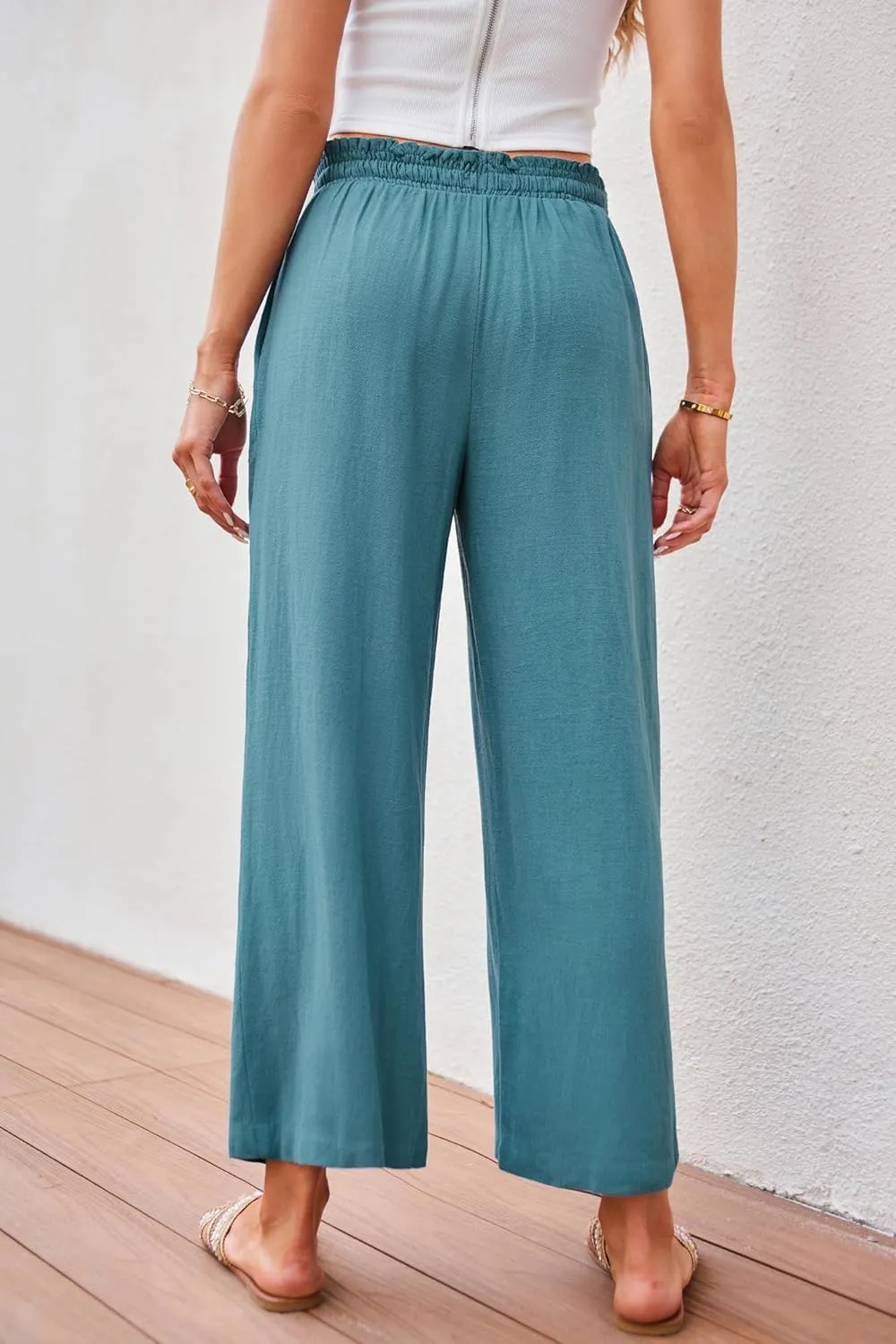 JASAMBAC Women's Capri Linen Wide Leg Pants Summer Boho Wide Leg Pants Smocked High-Rise Waist Casual Beach Pants with Pocket