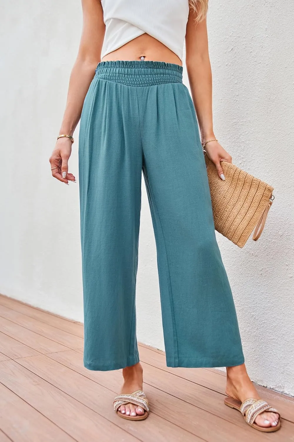 JASAMBAC Women's Capri Linen Wide Leg Pants Summer Boho Wide Leg Pants Smocked High-Rise Waist Casual Beach Pants with Pocket