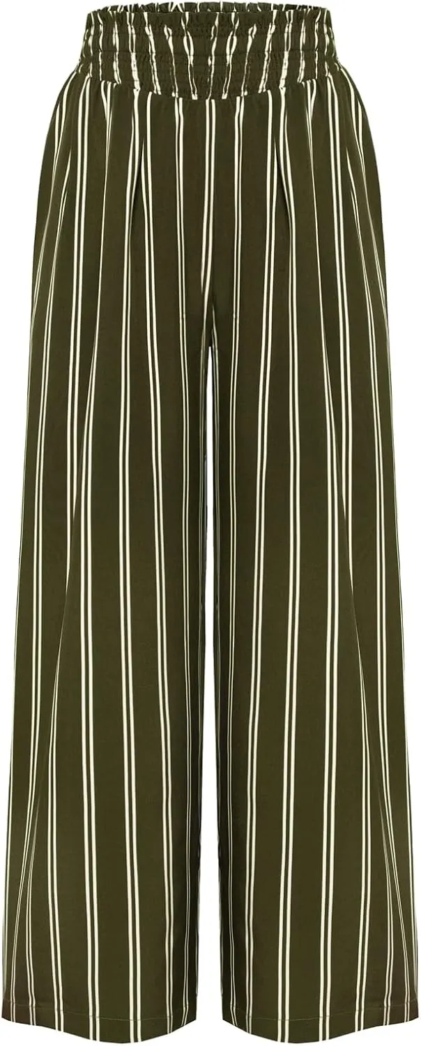 JASAMBAC Women's Capri Linen Wide Leg Pants Summer Boho Wide Leg Pants Smocked High-Rise Waist Casual Beach Pants with Pocket