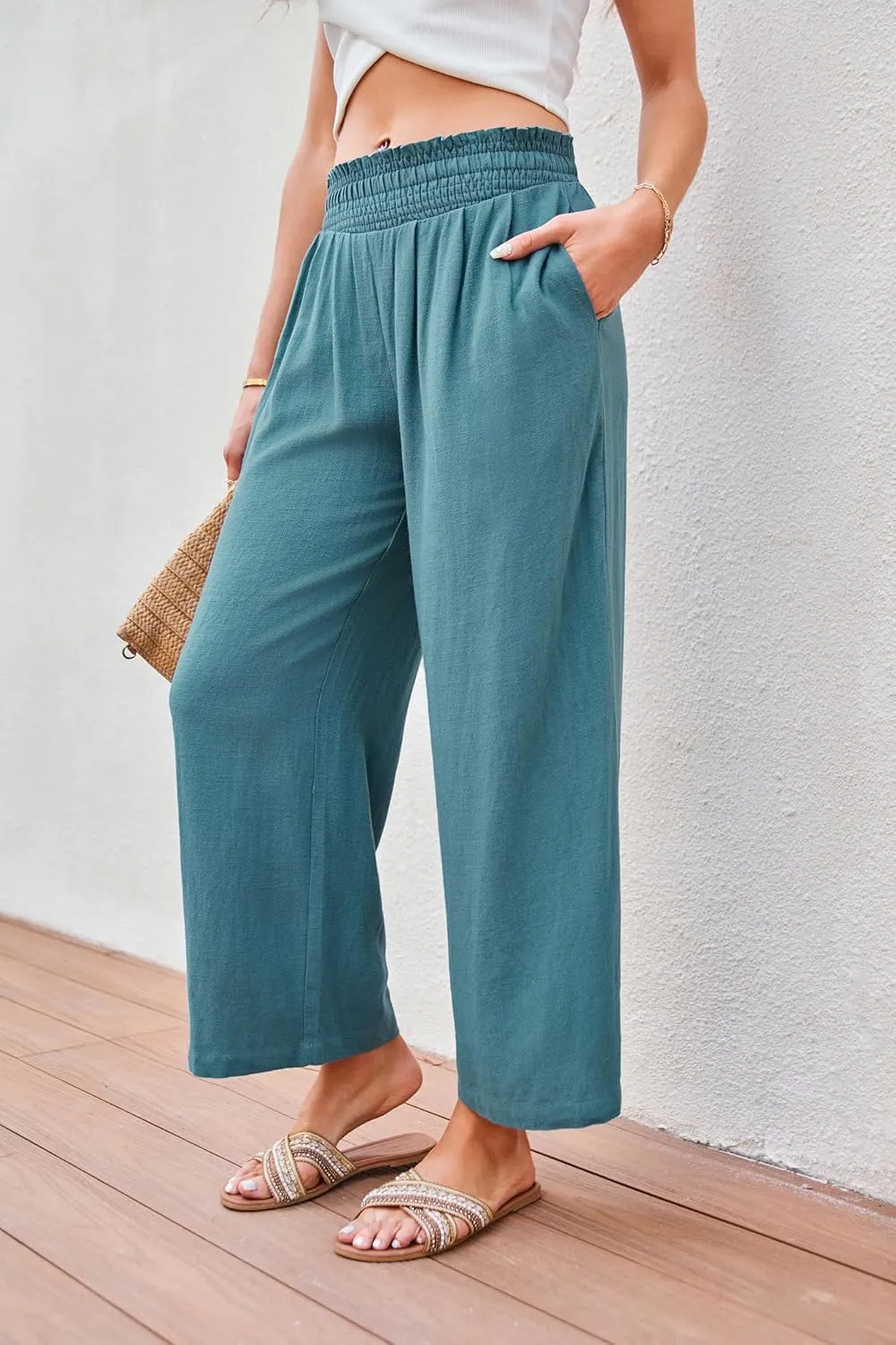 JASAMBAC Women's Capri Linen Wide Leg Pants Summer Boho Wide Leg Pants Smocked High-Rise Waist Casual Beach Pants with Pocket