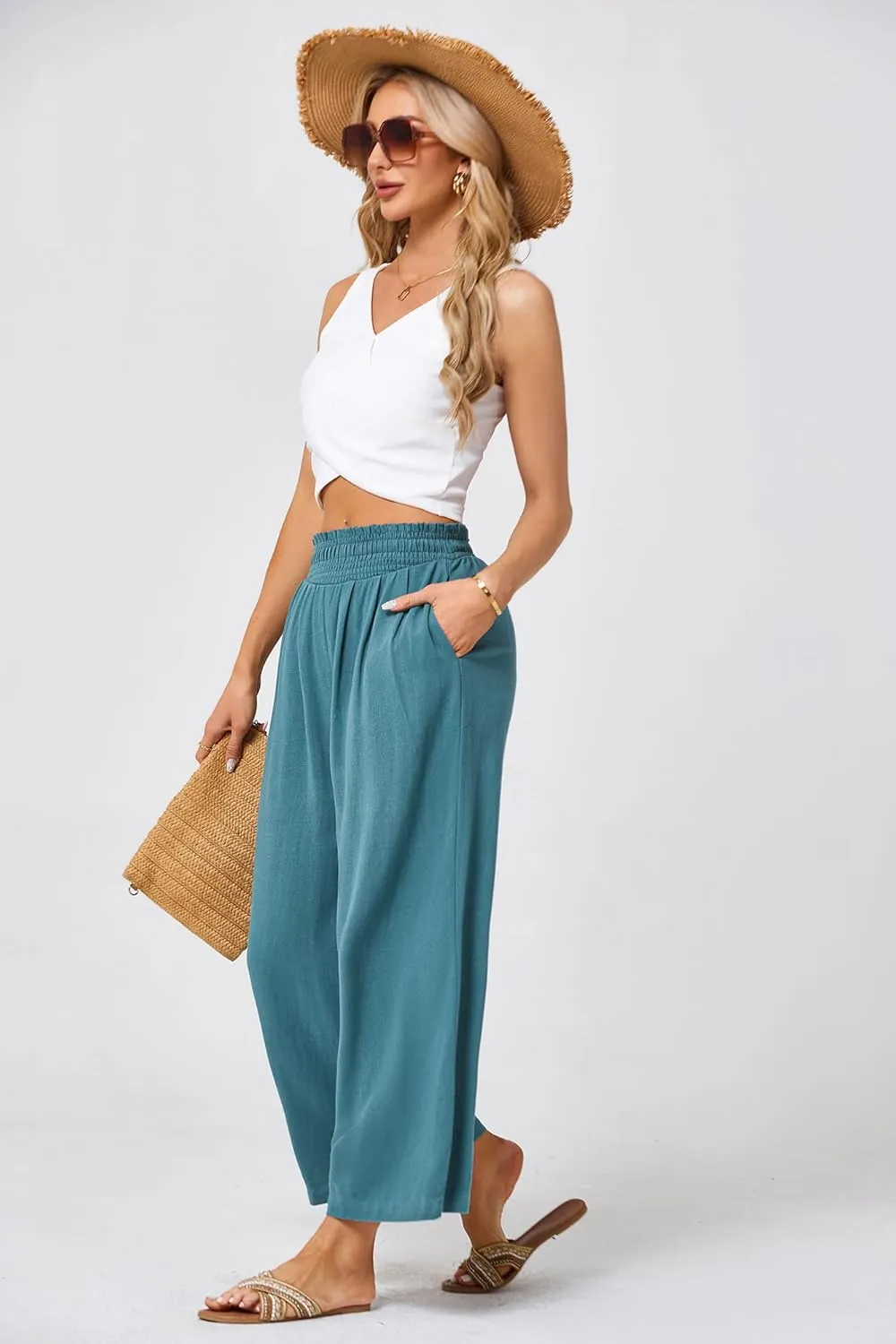 JASAMBAC Women's Capri Linen Wide Leg Pants Summer Boho Wide Leg Pants Smocked High-Rise Waist Casual Beach Pants with Pocket