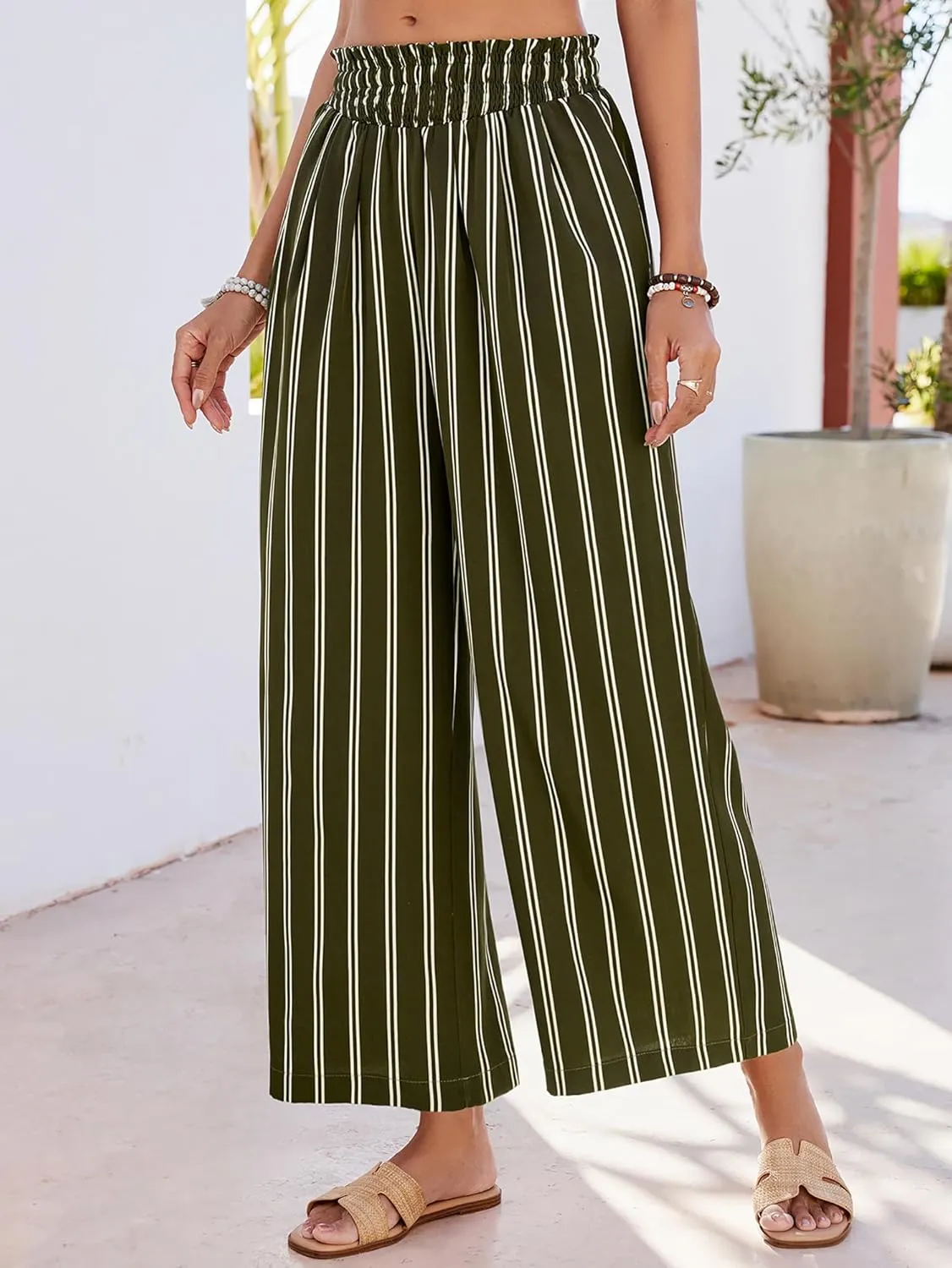 JASAMBAC Women's Capri Linen Wide Leg Pants Summer Boho Wide Leg Pants Smocked High-Rise Waist Casual Beach Pants with Pocket