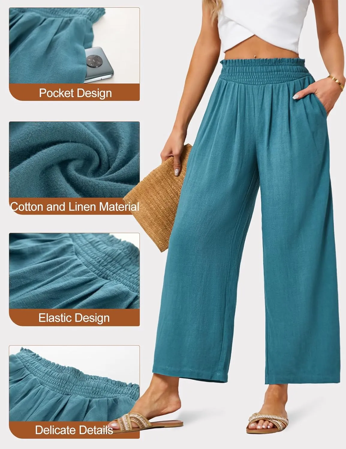 JASAMBAC Women's Capri Linen Wide Leg Pants Summer Boho Wide Leg Pants Smocked High-Rise Waist Casual Beach Pants with Pocket