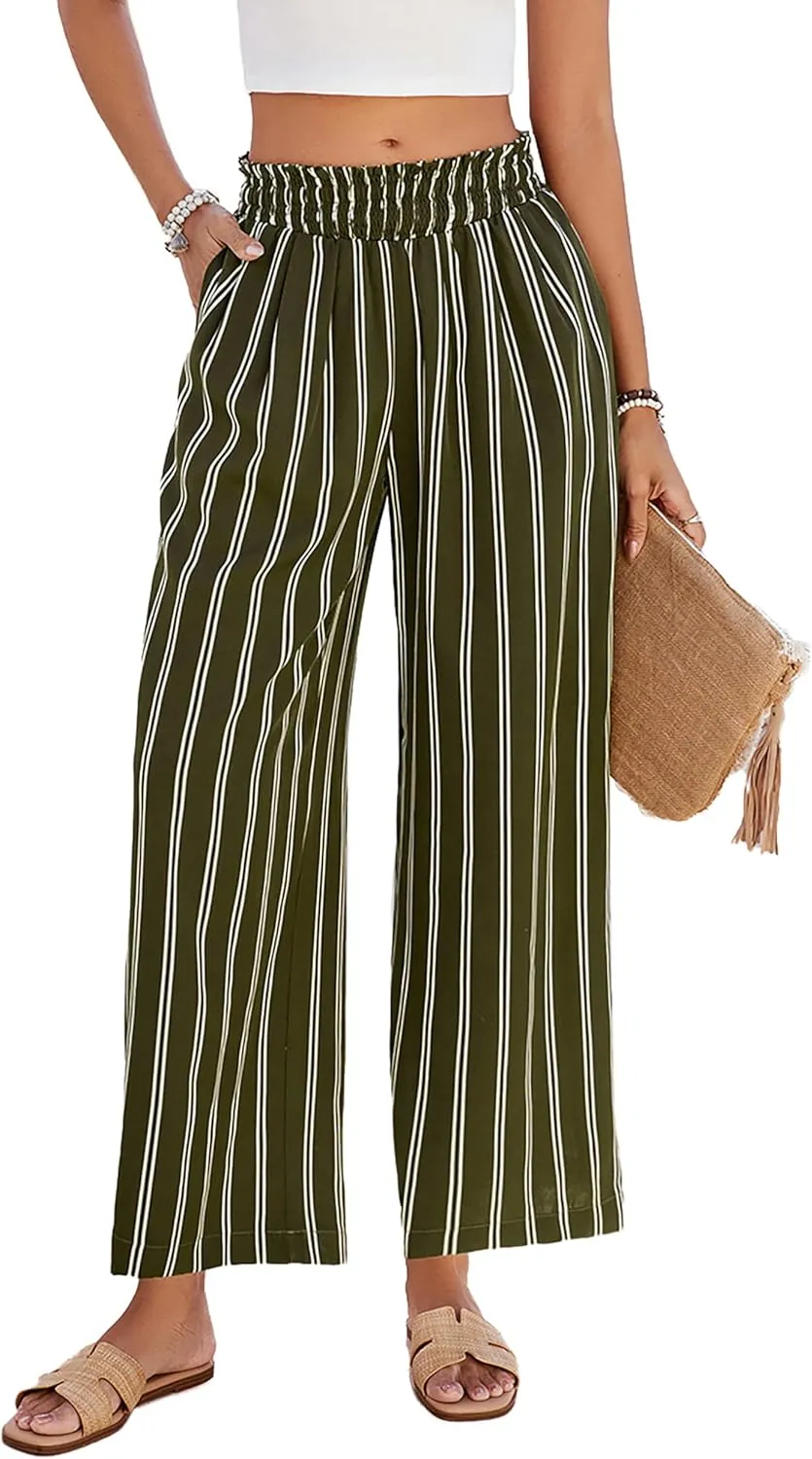 JASAMBAC Women's Capri Linen Wide Leg Pants Summer Boho Wide Leg Pants Smocked High-Rise Waist Casual Beach Pants with Pocket