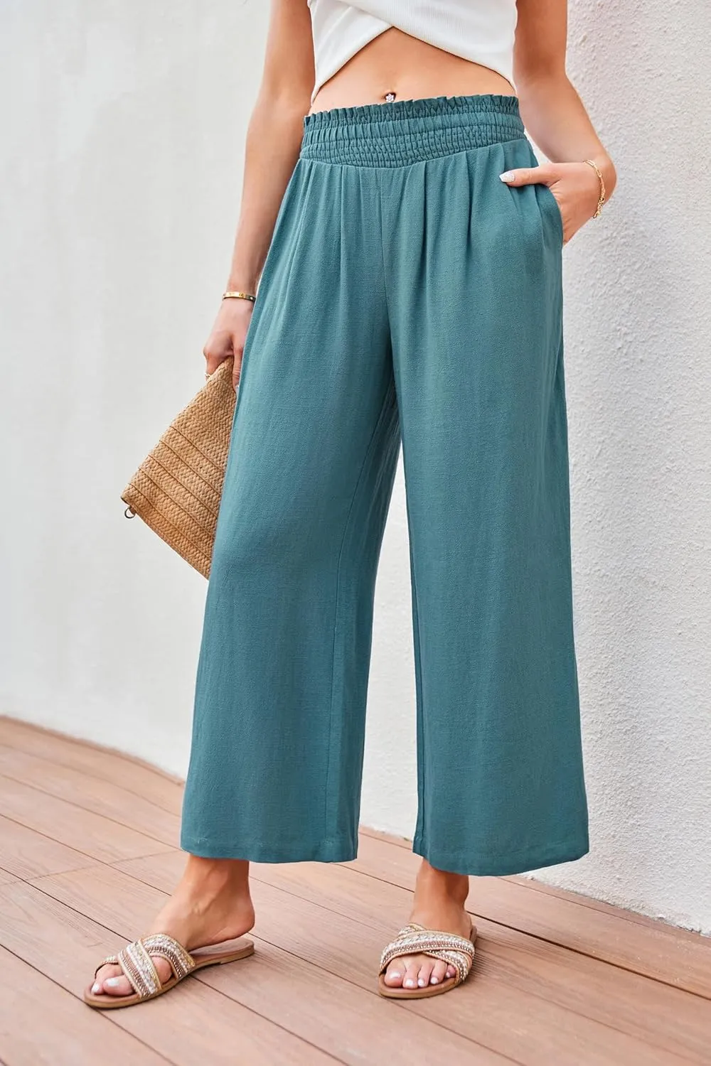 JASAMBAC Women's Capri Linen Wide Leg Pants Summer Boho Wide Leg Pants Smocked High-Rise Waist Casual Beach Pants with Pocket