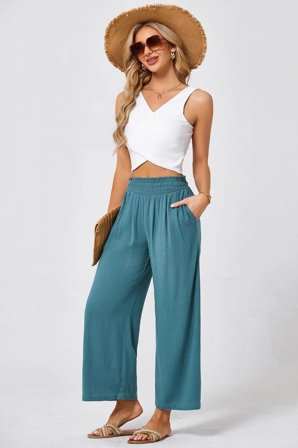 JASAMBAC Women's Capri Linen Wide Leg Pants Summer Boho Wide Leg Pants Smocked High-Rise Waist Casual Beach Pants with Pocket