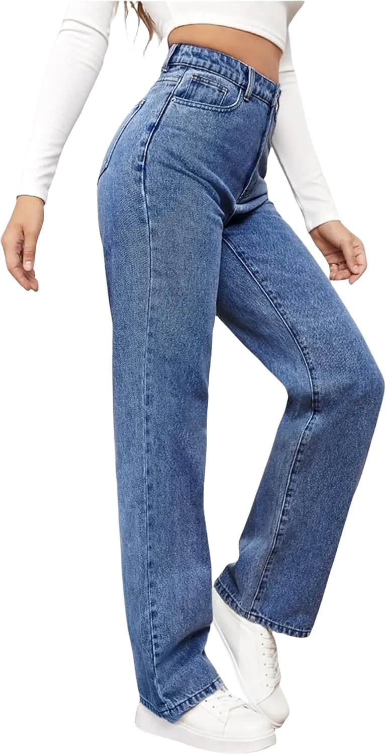 Jeans for Women High Waist Long Straight Leg Denim Pant Casual Baggy Regular Fit Jeans Stretchy Trousers with Pockets