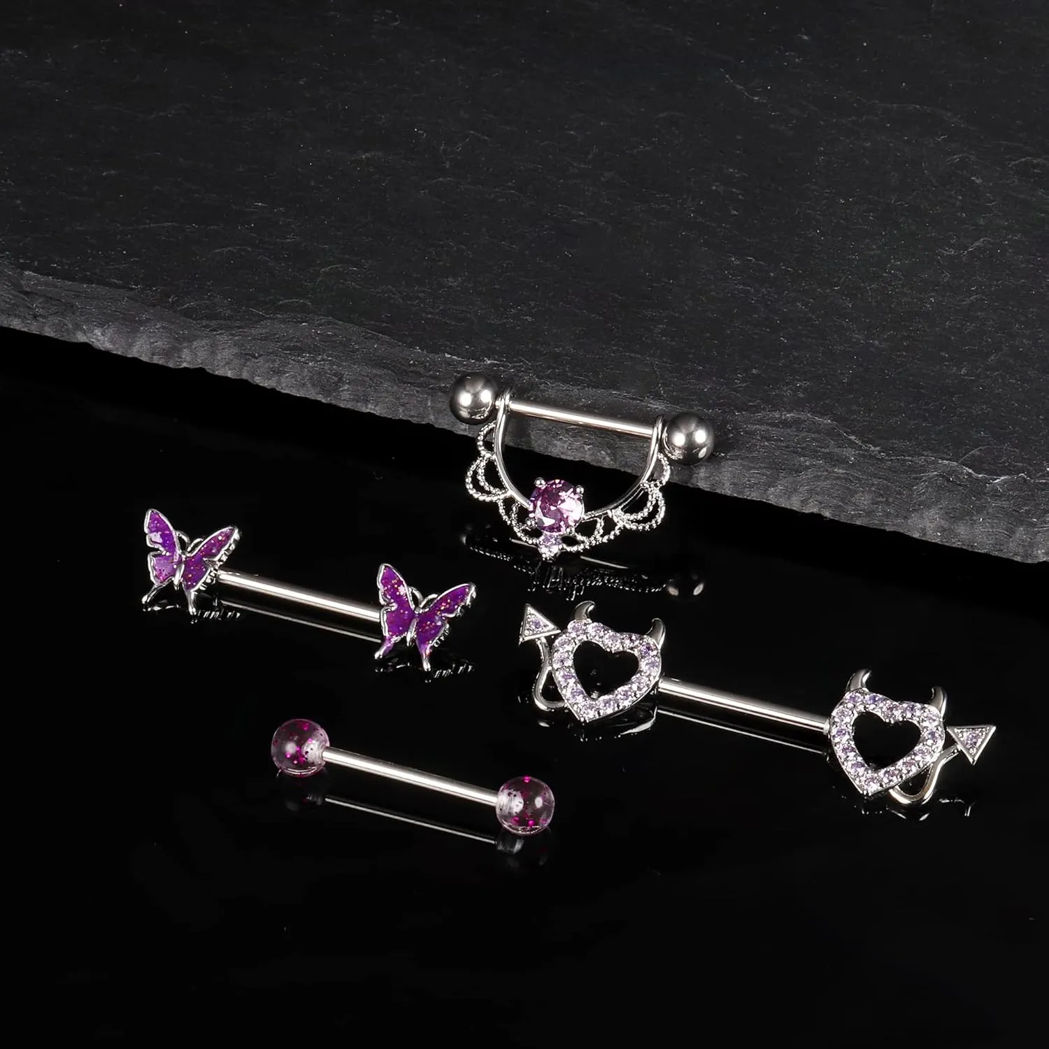 JOERICA 14G Stainless Steel Nipple Rings for Women CZ Butterfly Heart Nipple Rings with Choker Necklace Nipple Barbell Body Piercing Jewelry