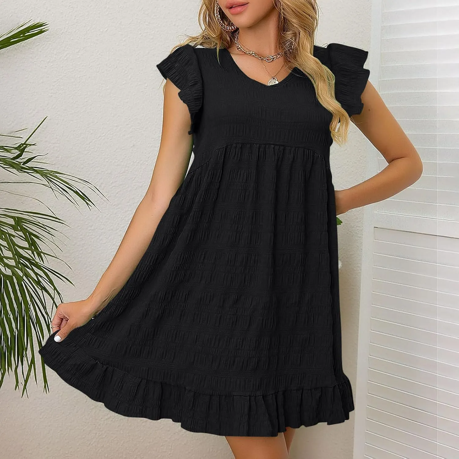 jsaierl Sun Dress for Women Summer Ruffle Sleeve Mini Dress Boho A Line Swing Dress V Neck Tiered Dress Beach Vacation Dress