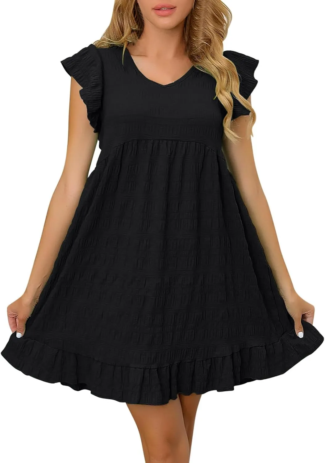 jsaierl Sun Dress for Women Summer Ruffle Sleeve Mini Dress Boho A Line Swing Dress V Neck Tiered Dress Beach Vacation Dress