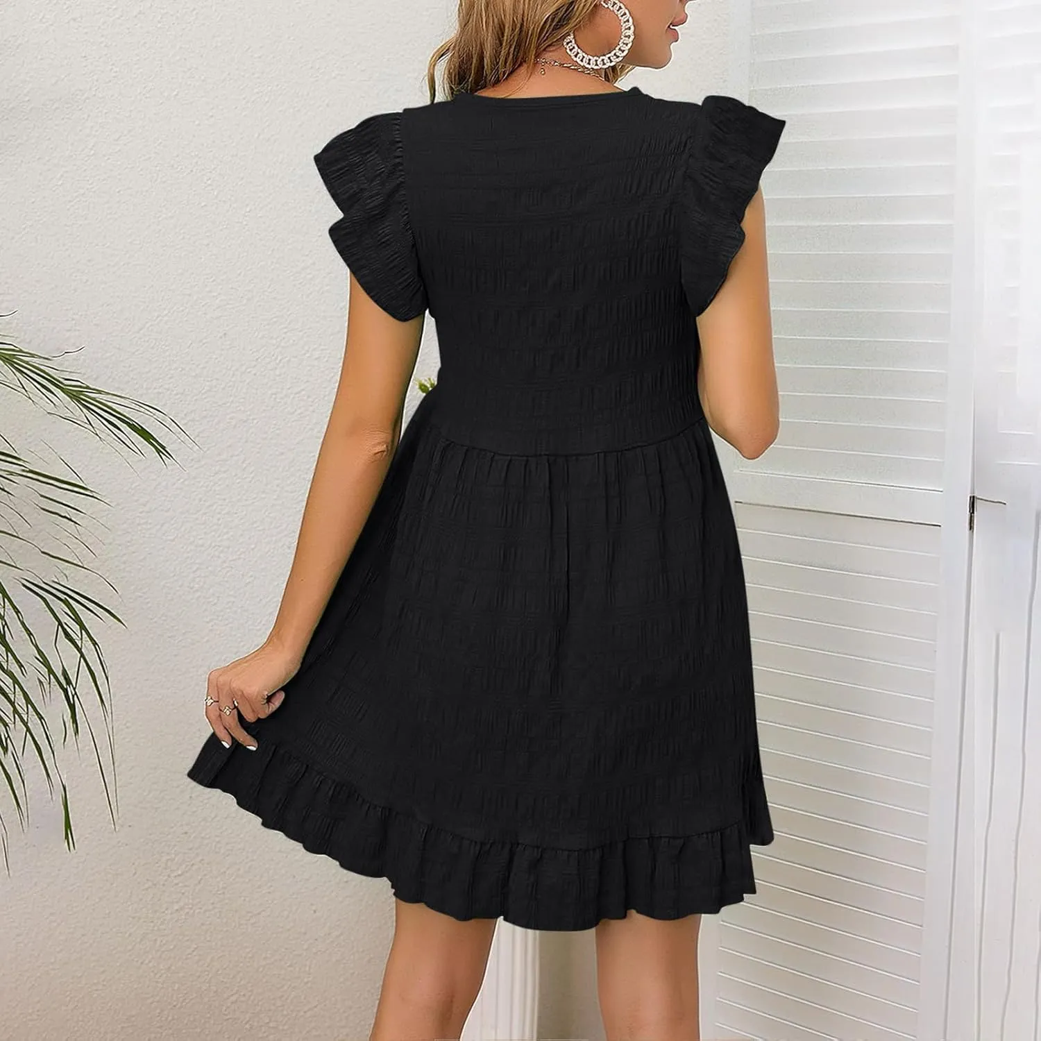 jsaierl Sun Dress for Women Summer Ruffle Sleeve Mini Dress Boho A Line Swing Dress V Neck Tiered Dress Beach Vacation Dress