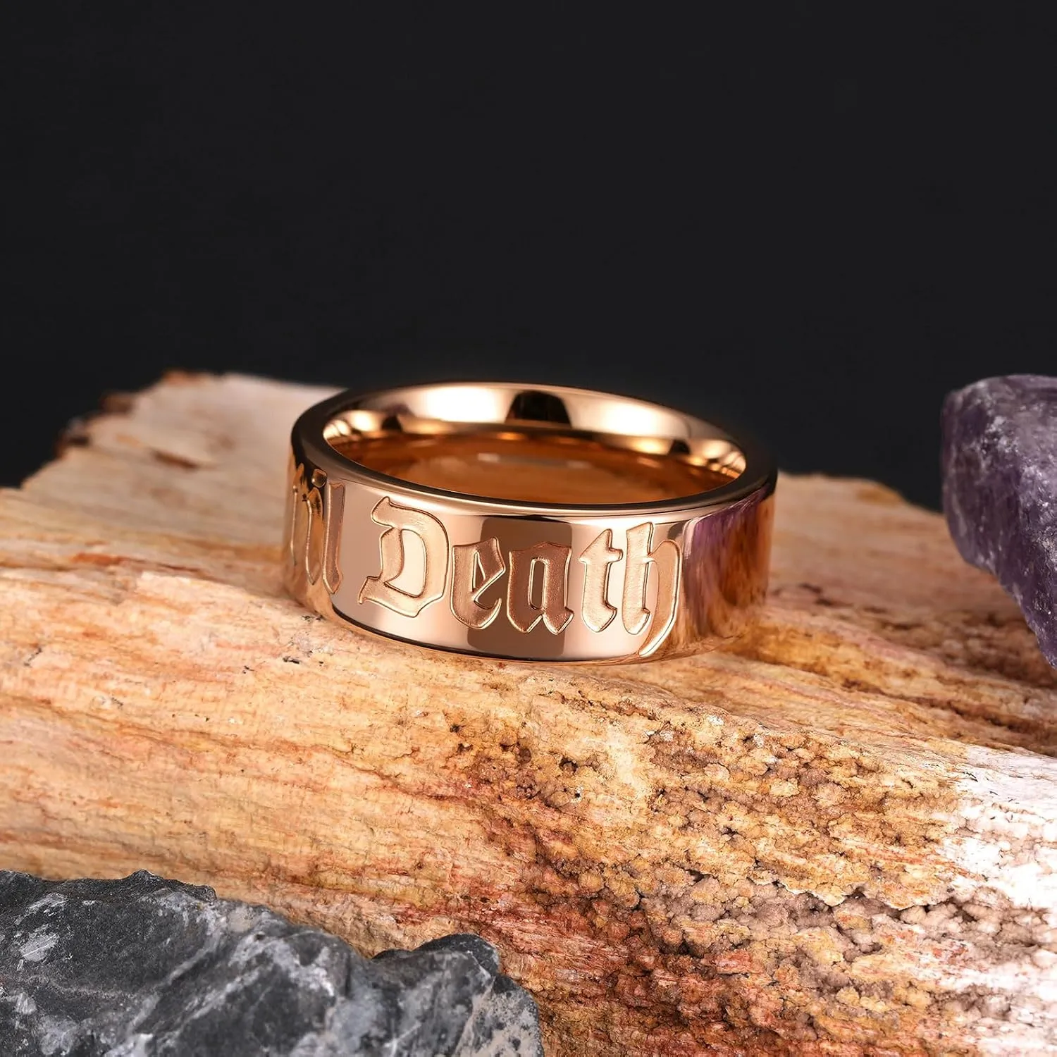 King Will Till Death Men Wedding Band in Rose Gold, 8mm Stainless Steel Wedding Ring for Men, Rose-Gold Wedding Ring Polished Corrosion-Resistant Till Death Ring Comfort Fit Size 7-12