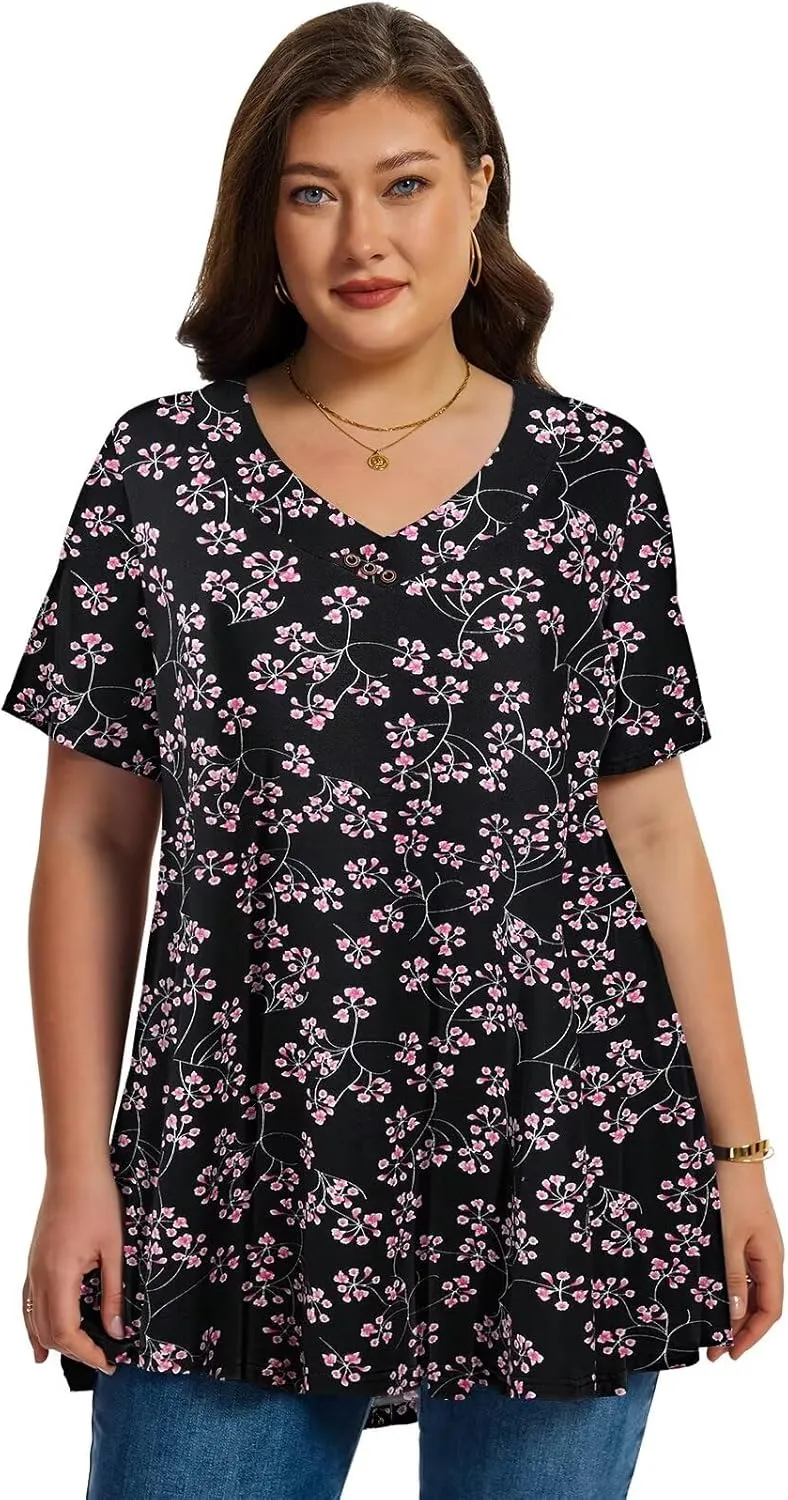 LARACE Plus Size Tops for Womens T Shirts Button Down Summer Clothes Short Sleeve Tunics Casual V Neck Blouses