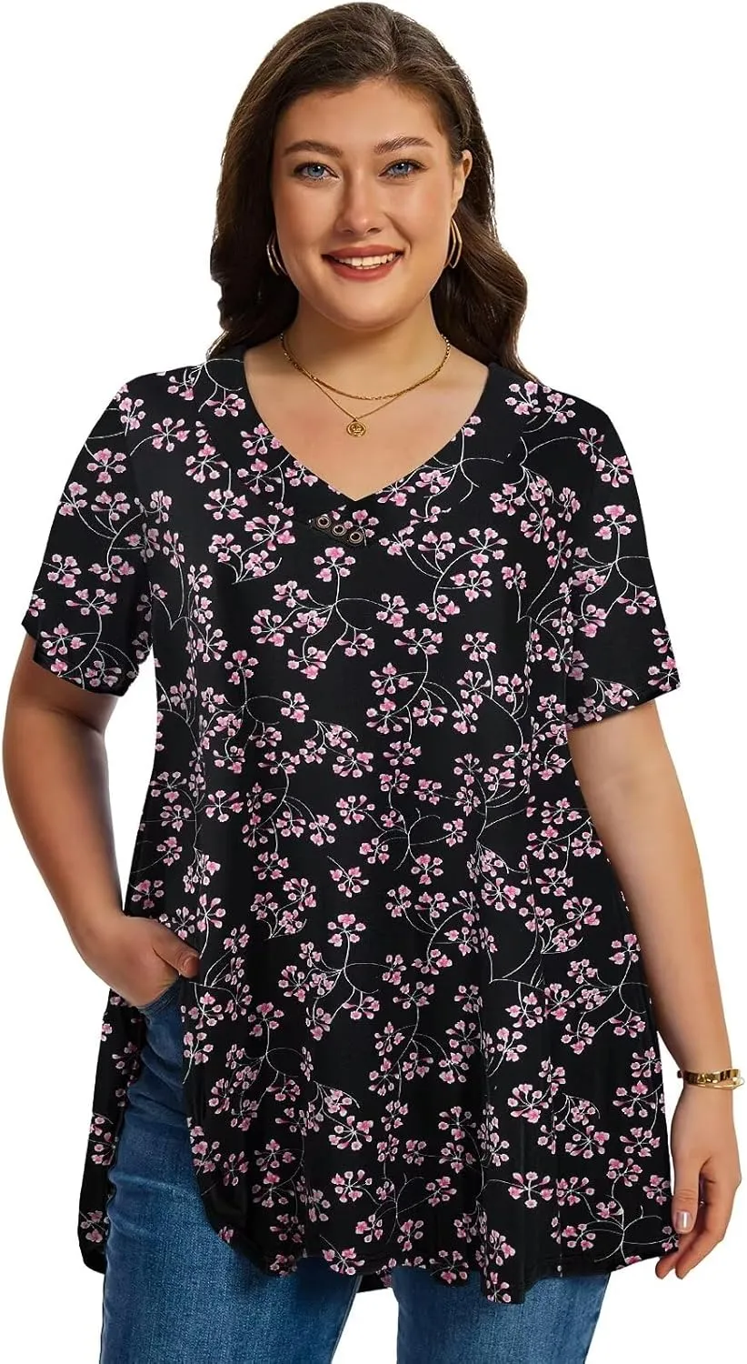 LARACE Plus Size Tops for Womens T Shirts Button Down Summer Clothes Short Sleeve Tunics Casual V Neck Blouses