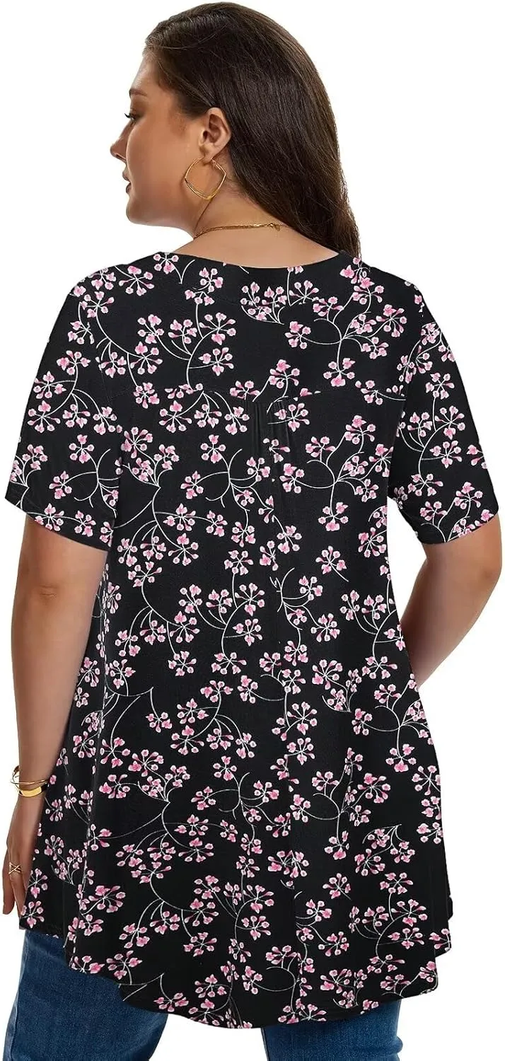 LARACE Plus Size Tops for Womens T Shirts Button Down Summer Clothes Short Sleeve Tunics Casual V Neck Blouses