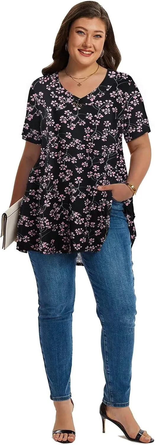 LARACE Plus Size Tops for Womens T Shirts Button Down Summer Clothes Short Sleeve Tunics Casual V Neck Blouses