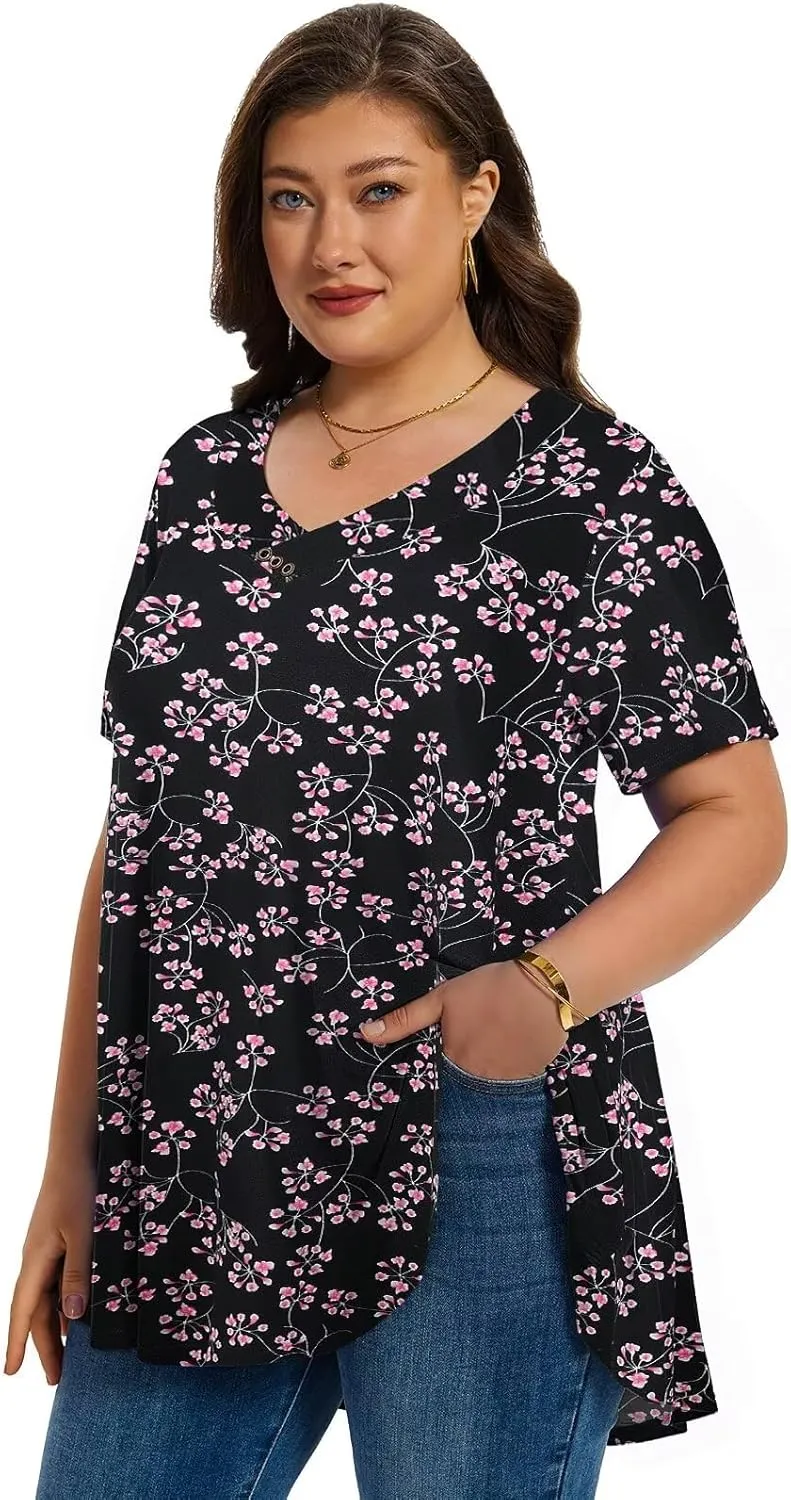 LARACE Plus Size Tops for Womens T Shirts Button Down Summer Clothes Short Sleeve Tunics Casual V Neck Blouses