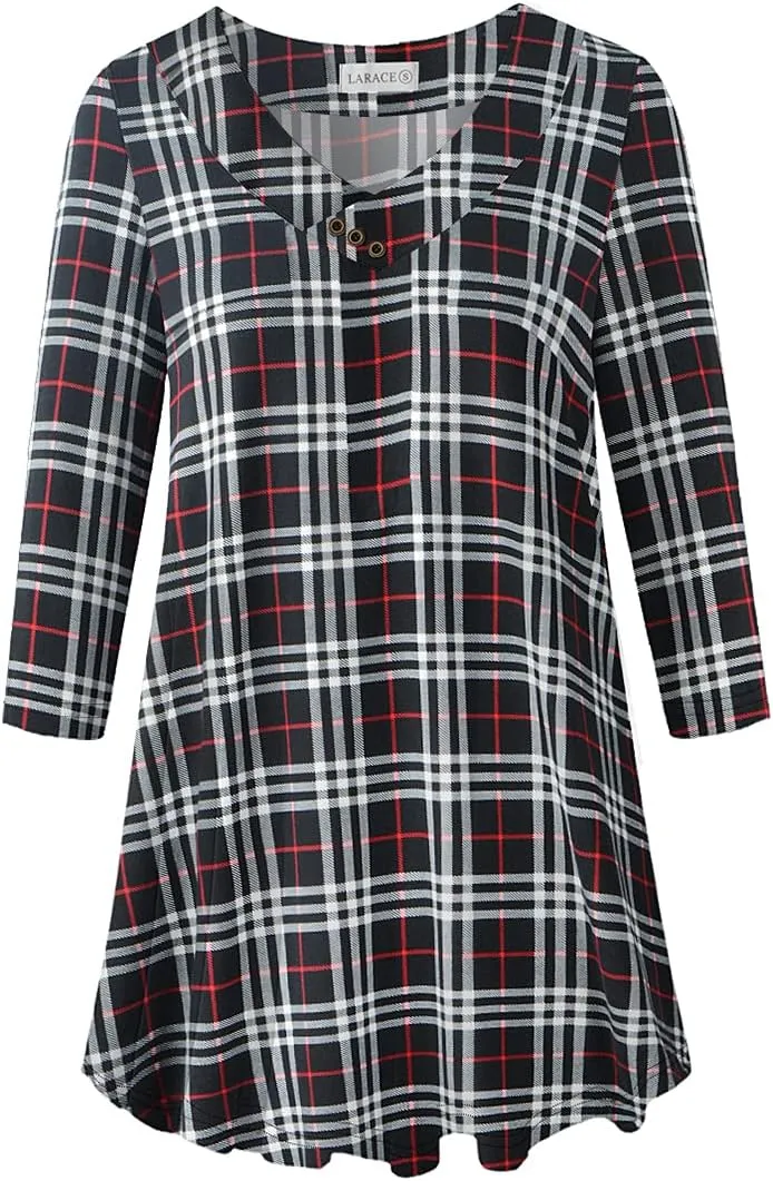 LARACE Plus Size Tunic Women's 3/4 Sleeve Tops And Blouses V Neck Shirts Loose Basic Tee
