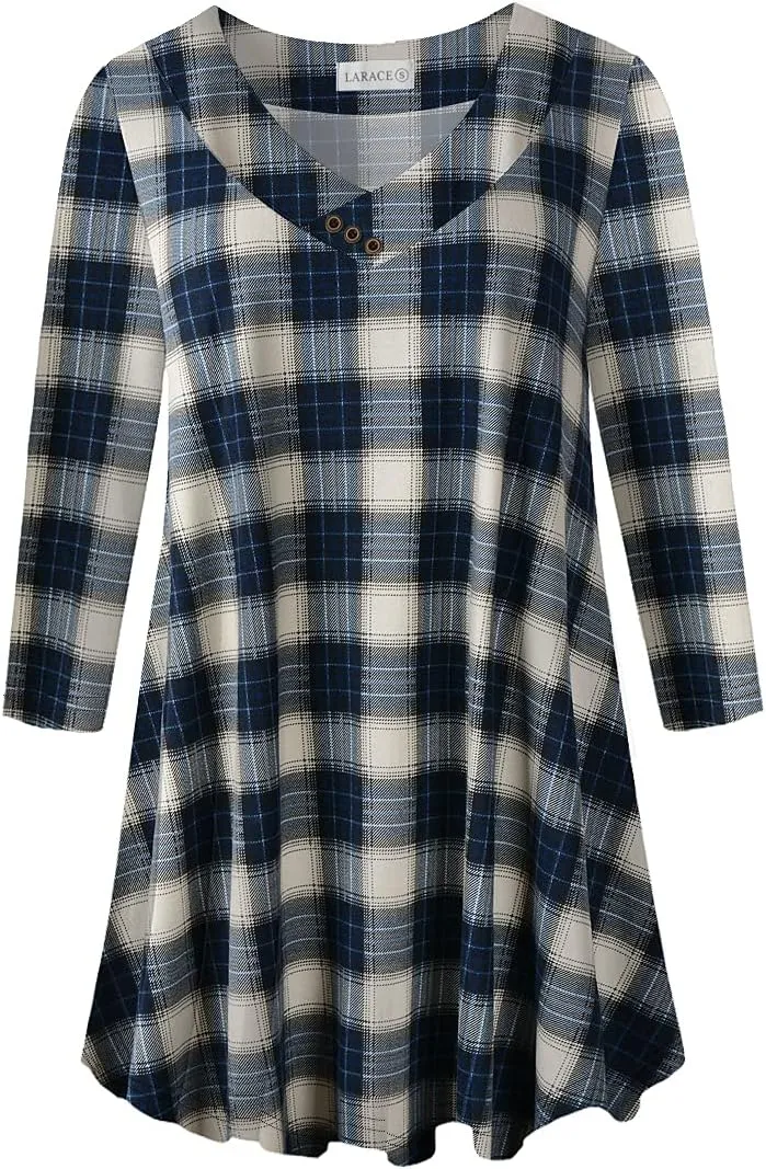 LARACE Plus Size Tunic Women's 3/4 Sleeve Tops And Blouses V Neck Shirts Loose Basic Tee