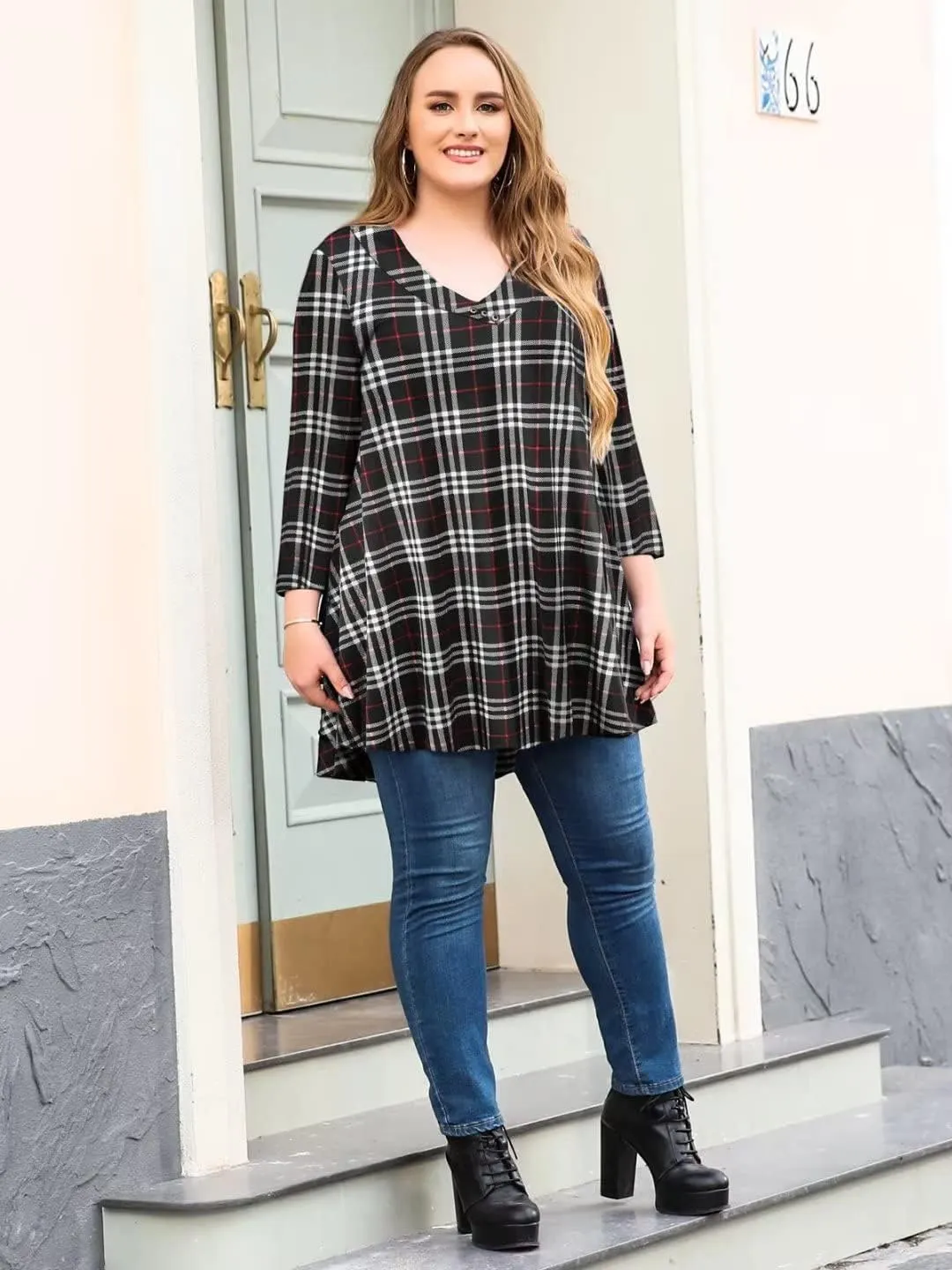 LARACE Plus Size Tunic Women's 3/4 Sleeve Tops And Blouses V Neck Shirts Loose Basic Tee