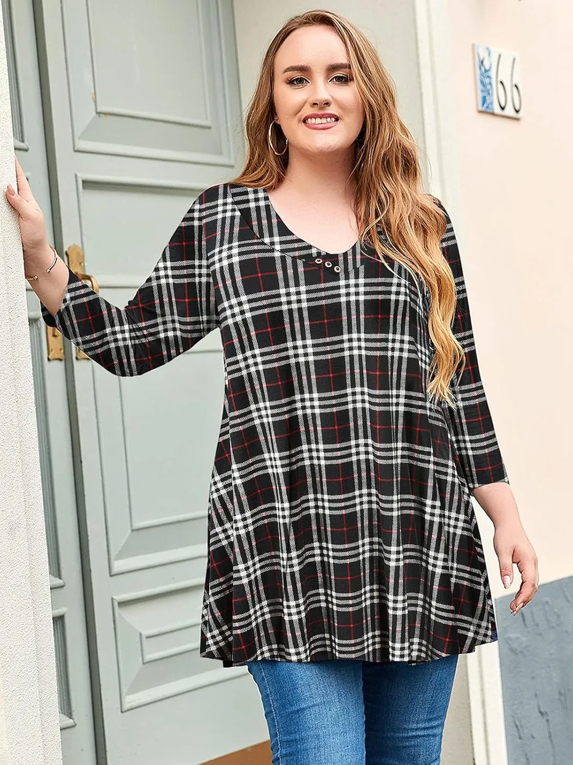 LARACE Plus Size Tunic Women's 3/4 Sleeve Tops And Blouses V Neck Shirts Loose Basic Tee