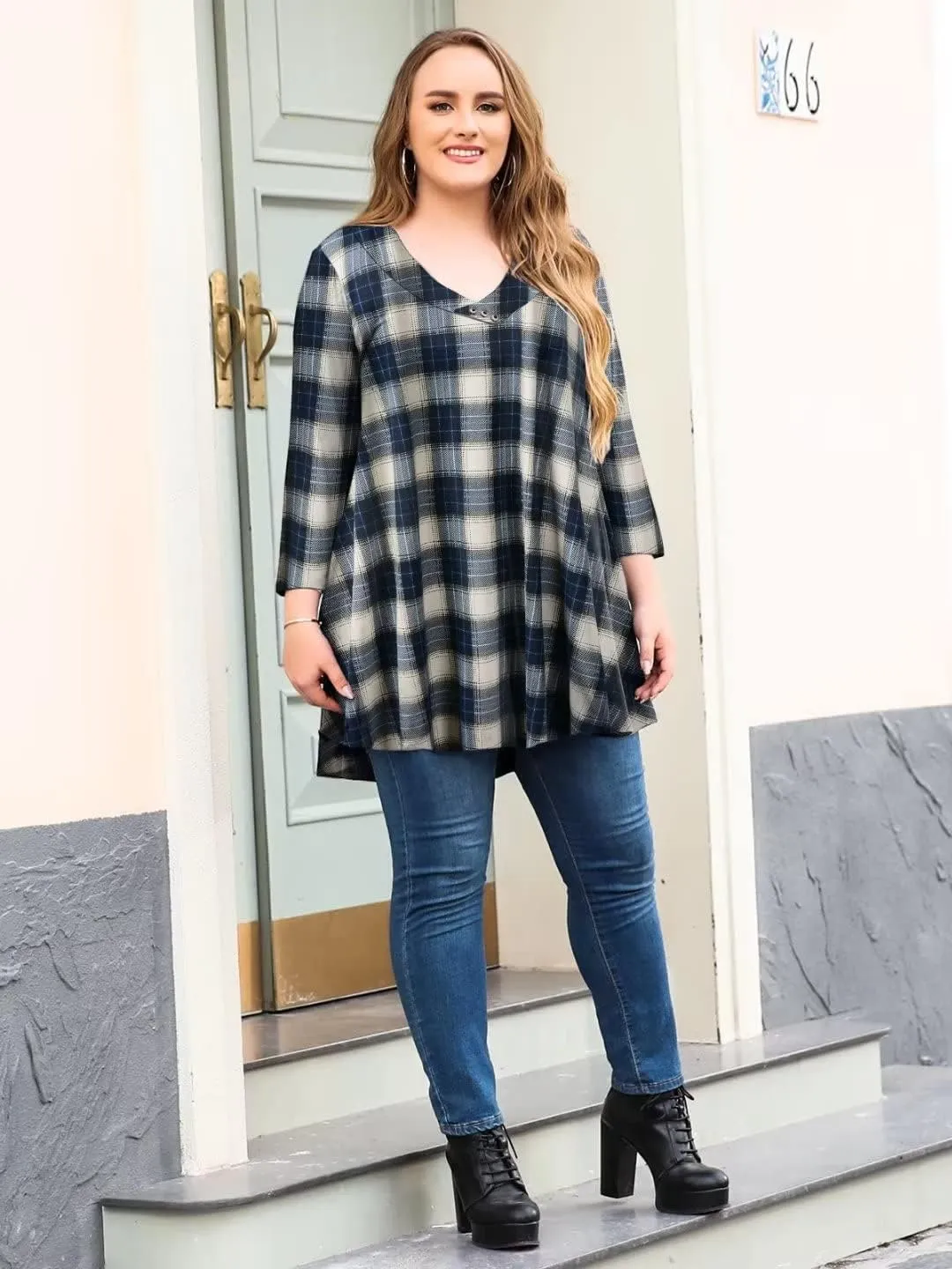 LARACE Plus Size Tunic Women's 3/4 Sleeve Tops And Blouses V Neck Shirts Loose Basic Tee