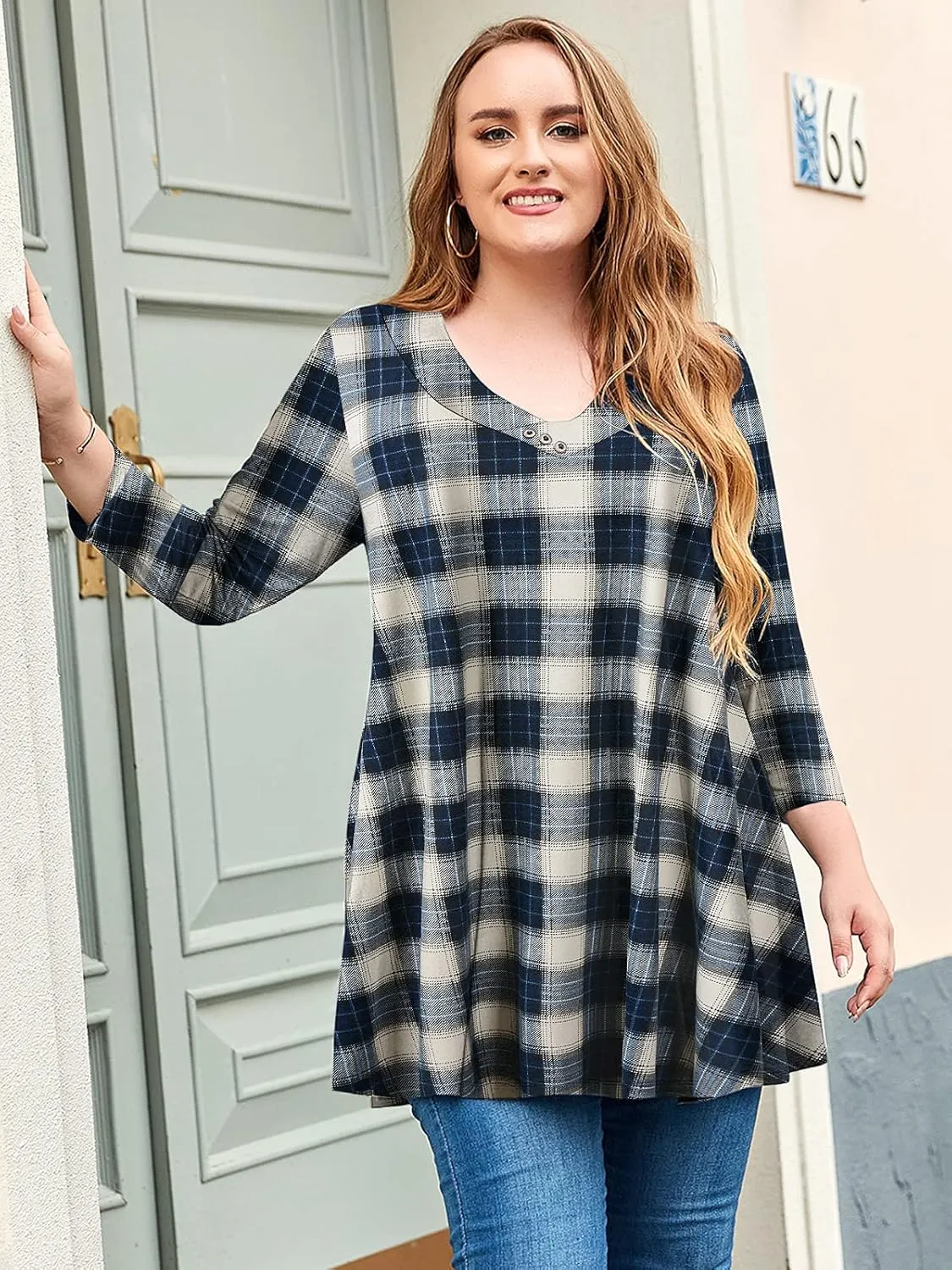 LARACE Plus Size Tunic Women's 3/4 Sleeve Tops And Blouses V Neck Shirts Loose Basic Tee