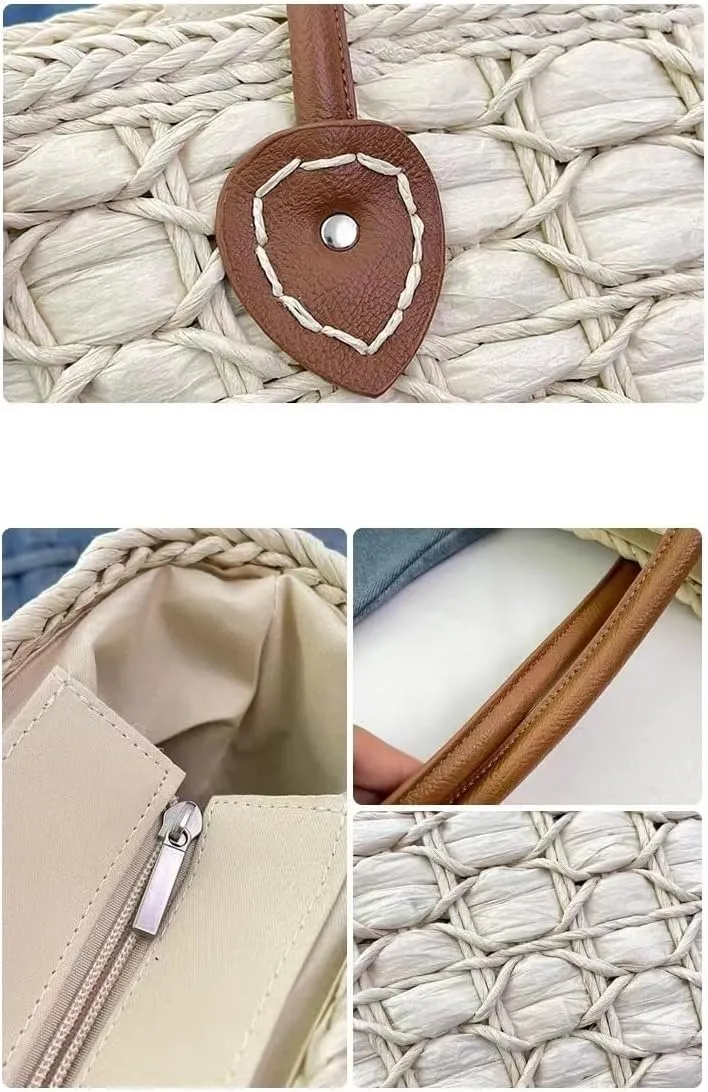 Large Straw Bag for Women, Summer Beach Bag Cute Handwoven Hobo Handbag Top Handle Bag Vacation Bag Basket Purse