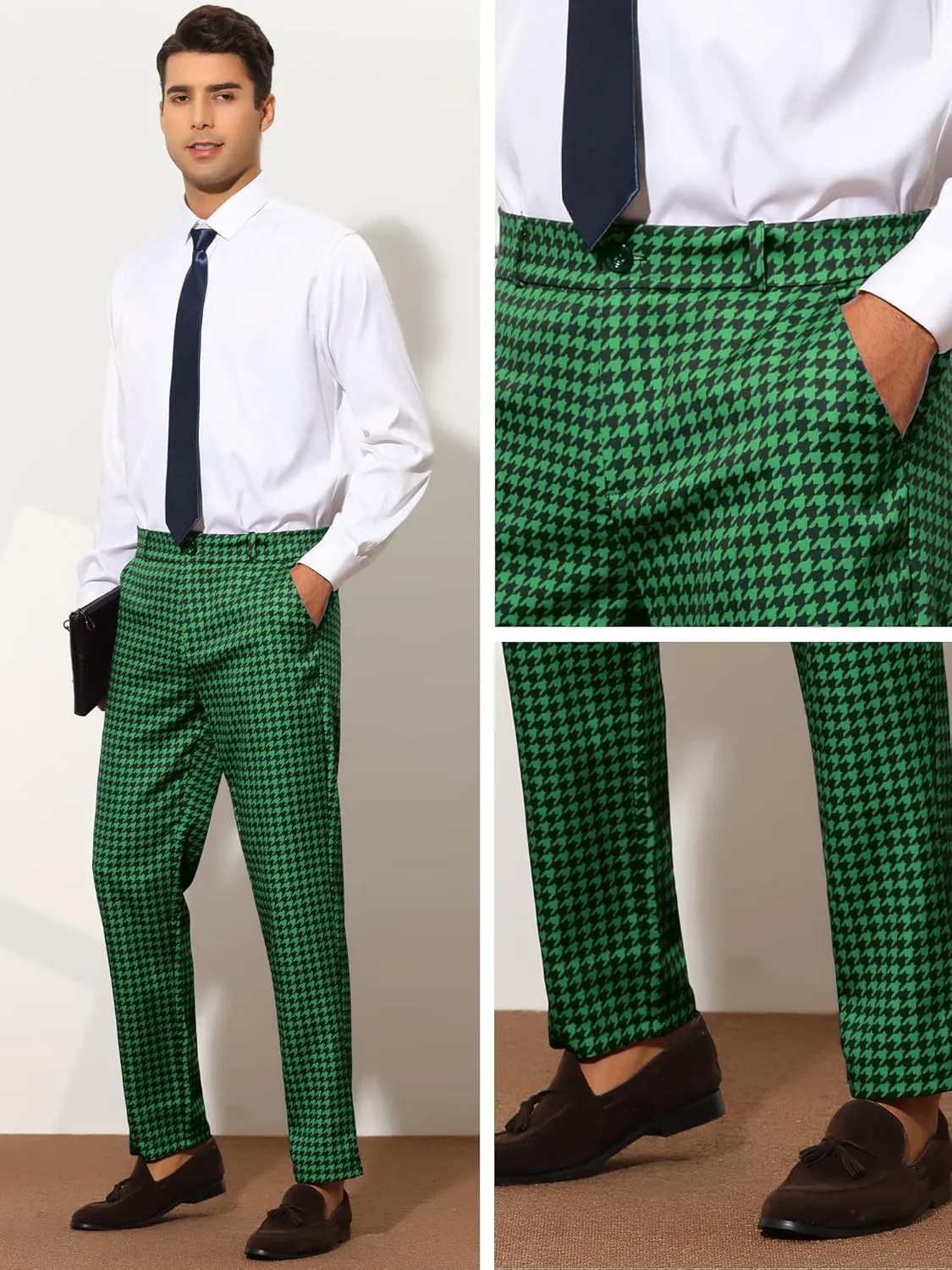 Lars Amadeus Houndstooth Pattern Pants for Men's Slim Fit Classic Business Plaid Dress Trousers