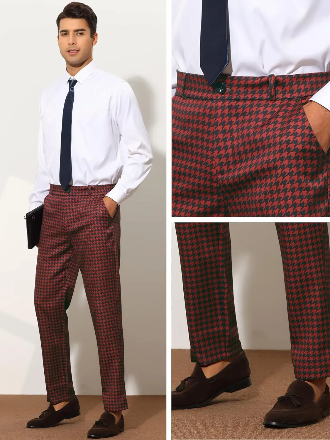 Lars Amadeus Houndstooth Pattern Pants for Men's Slim Fit Classic Business Plaid Dress Trousers